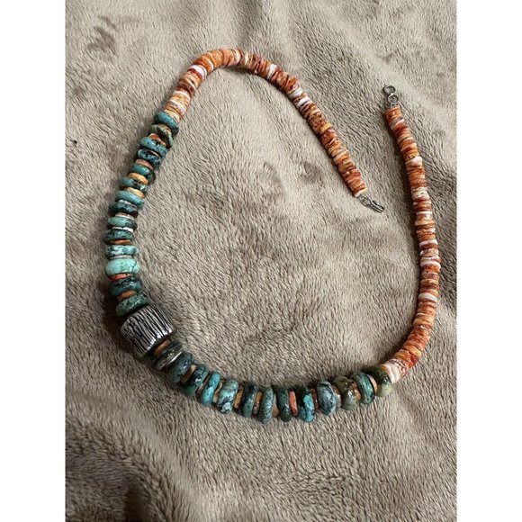 Sterling Silver Turquoise Spiny Oyster Beaded Disc Statement Necklace 20” - Picture 7 of 9